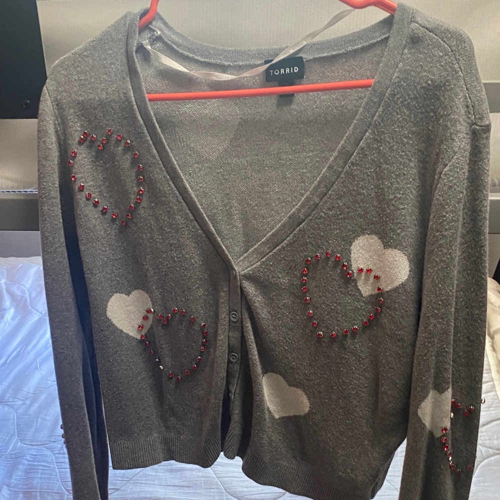 Torrid Gray Cardigan with Red Heart Accents